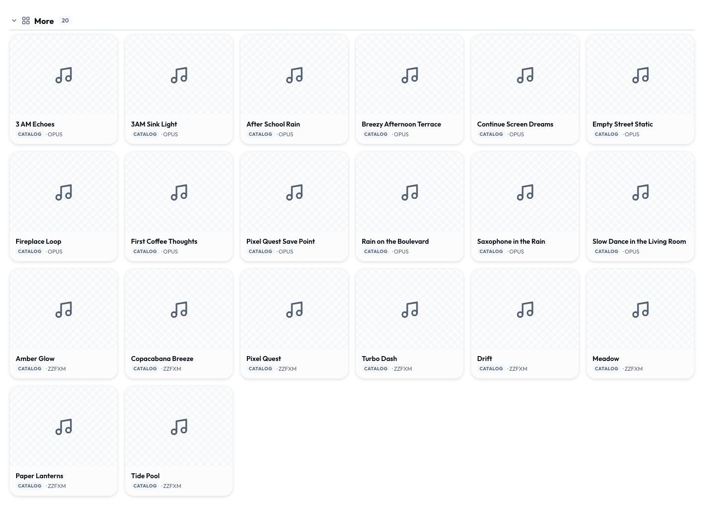 The More group in the Catalogue - one tile per index entry, each carrying the name and file type from its index.json record
