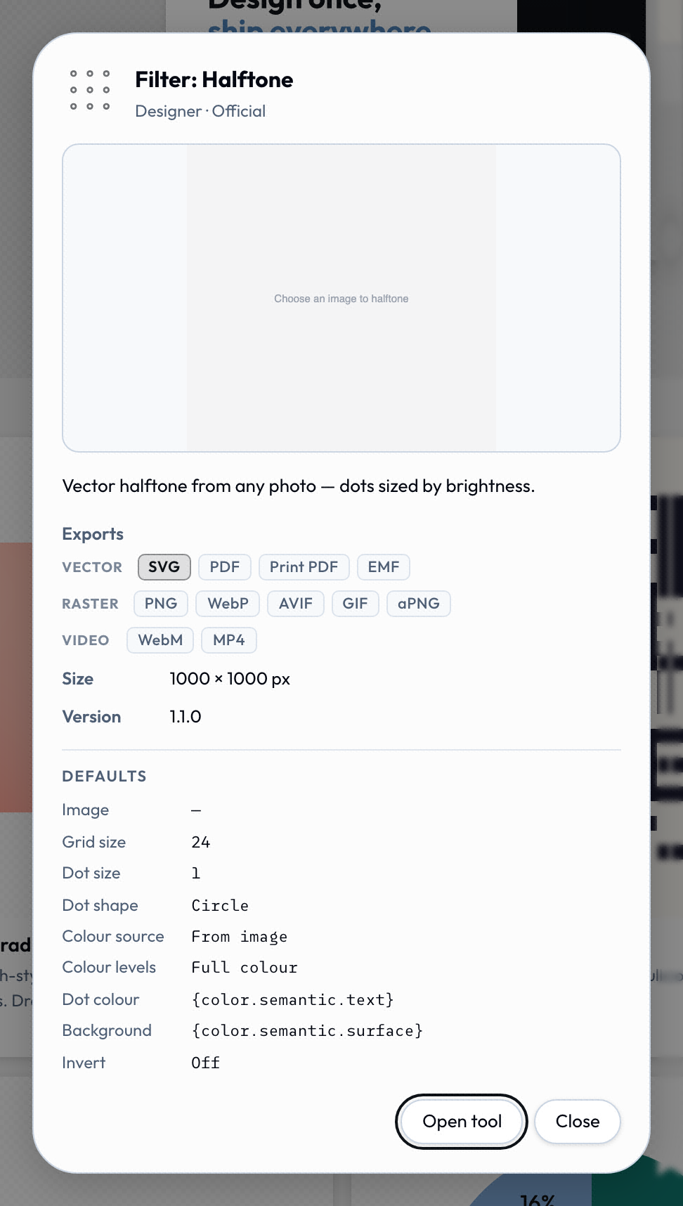 The About card for the Halftone filter, listing its exports grouped as vector, raster and video chips, its 1000 by 1000 canvas and its version, all read straight from the manifest