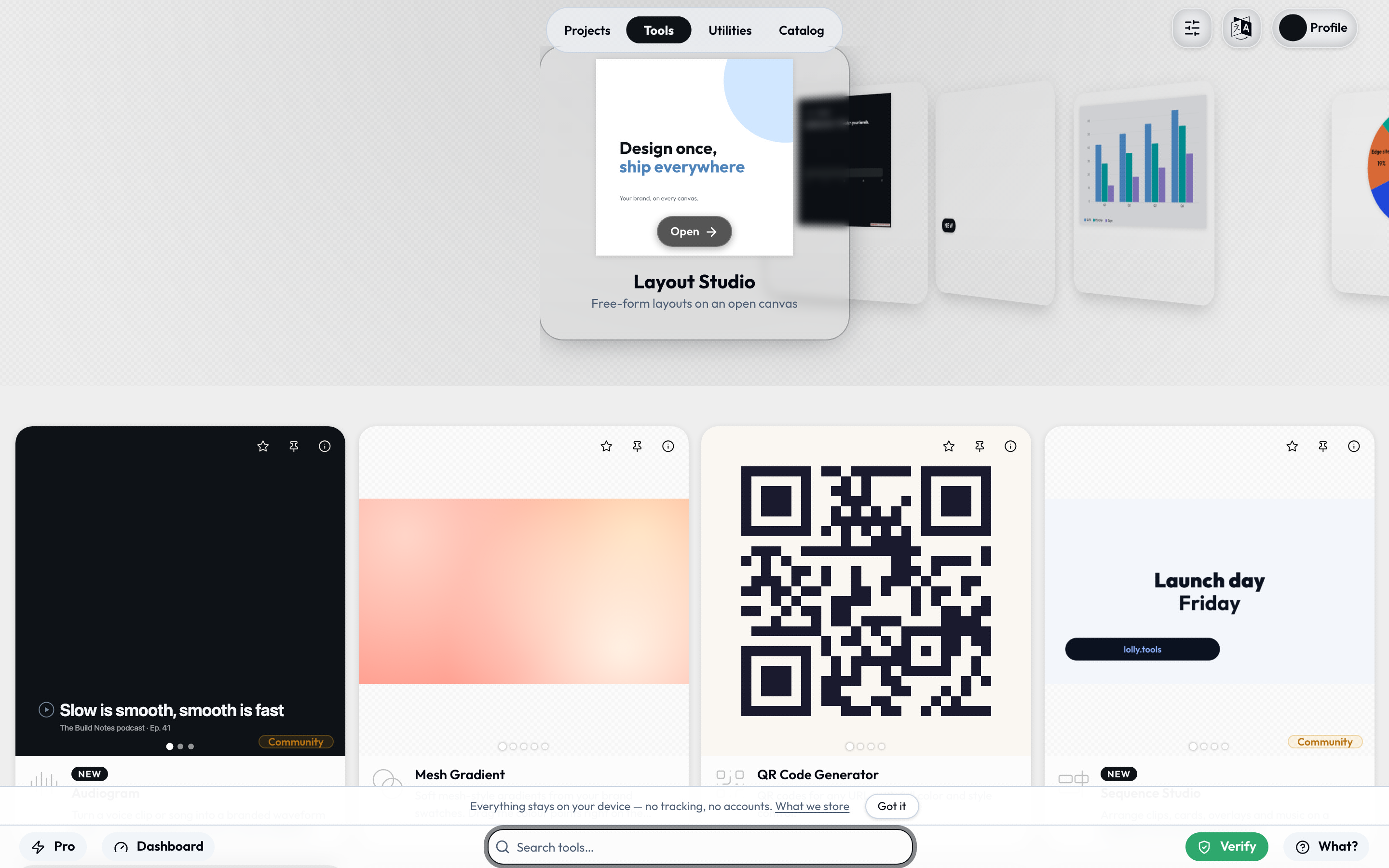 Every tool in the library as a card, grouped by category, so a producer picks one and starts