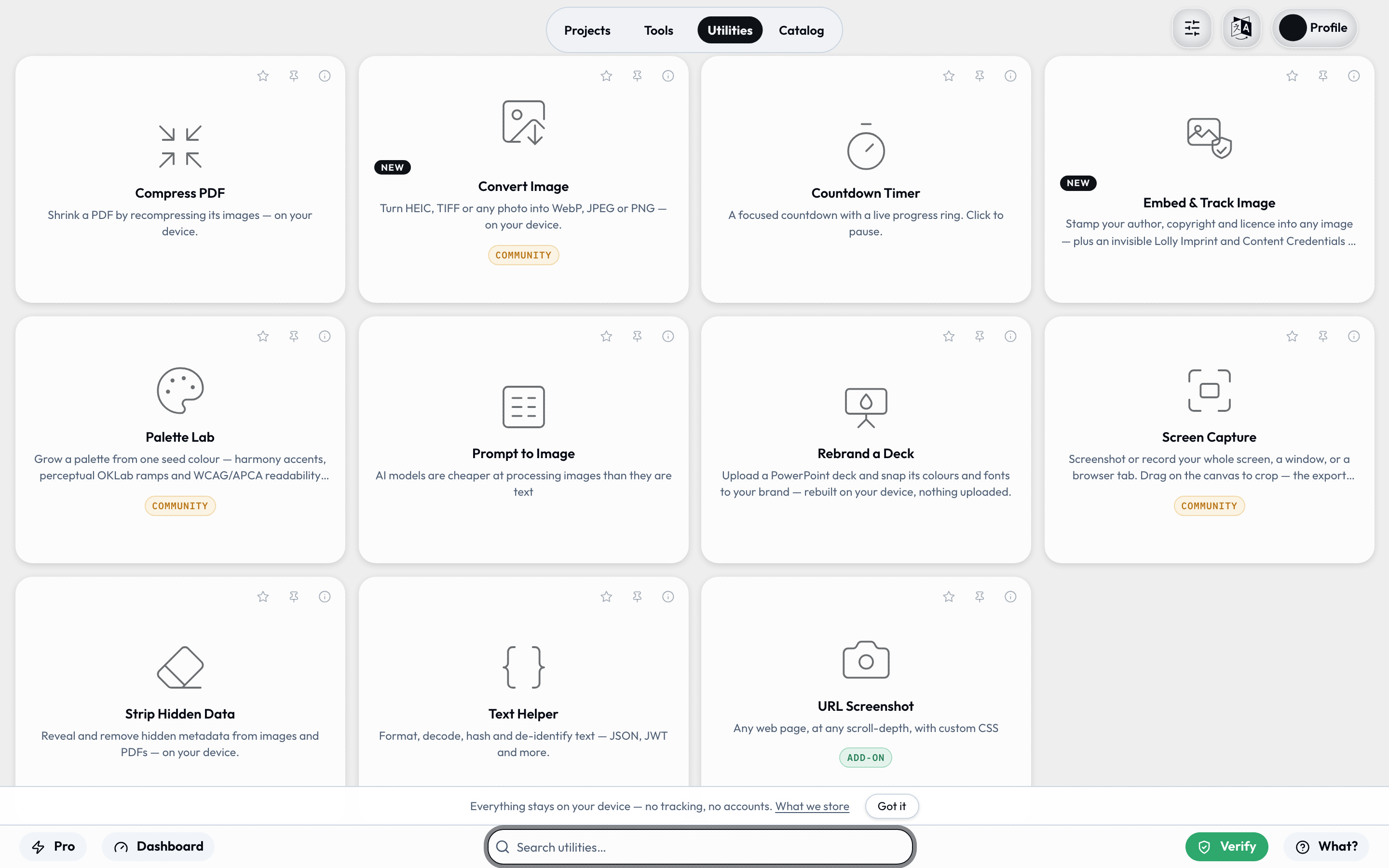 The Utilities drawer, where every card is a tool that transforms a file you already have