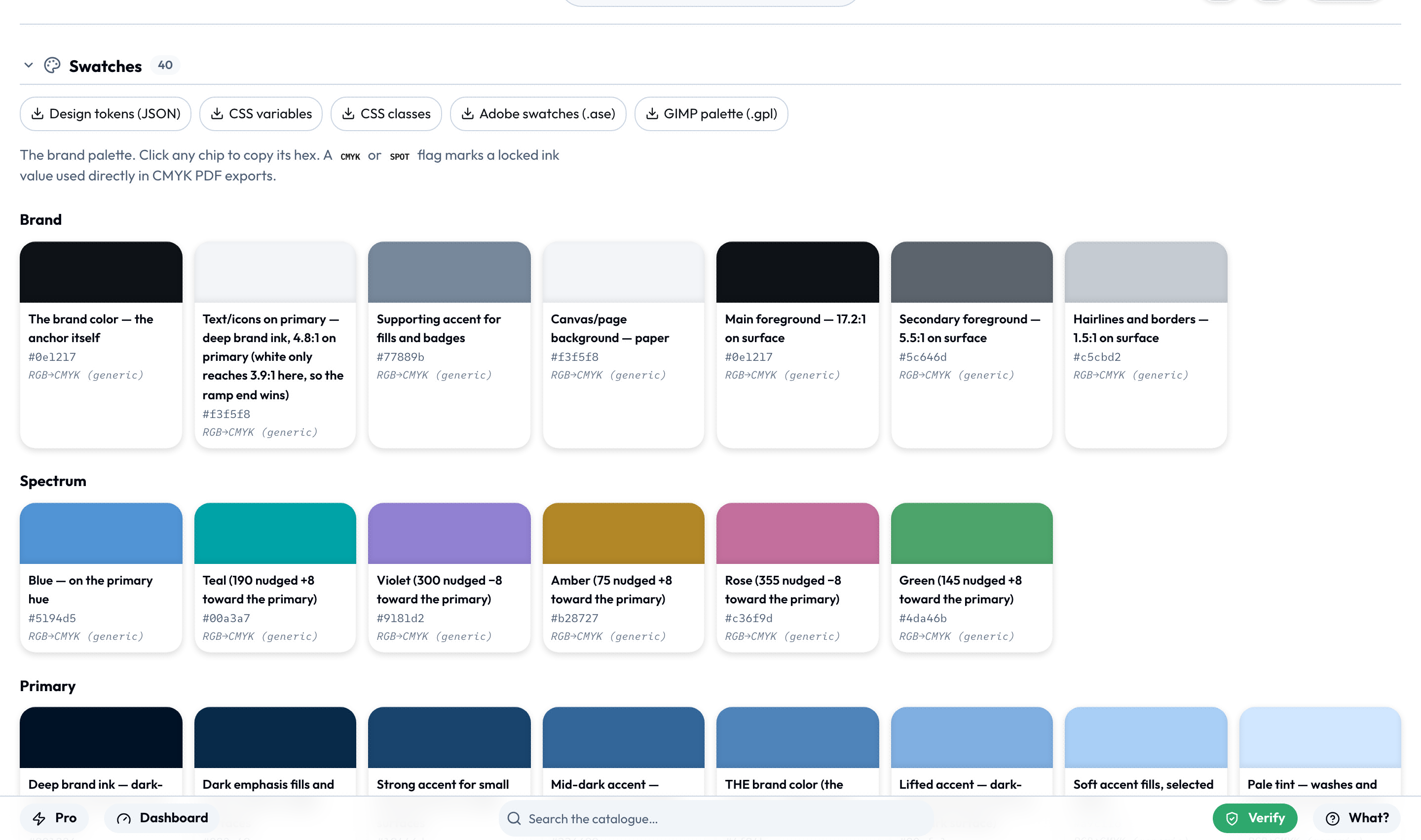The Catalogue's Swatches section - the brand ramps laid out as labelled chips with download buttons above