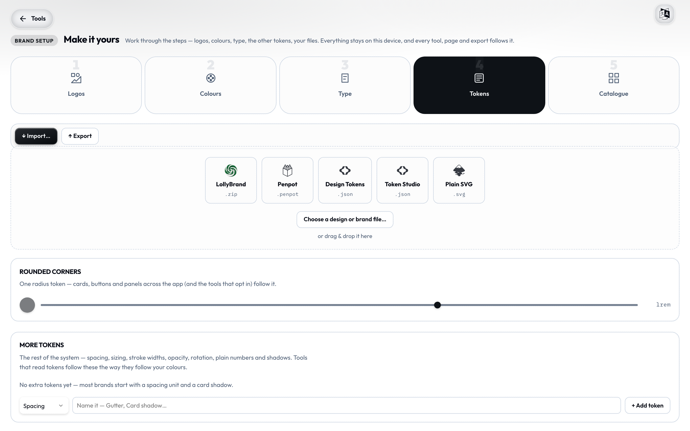The Tokens tab - a corner-radius slider plus spacing, sizing, shadows and the rest of the system