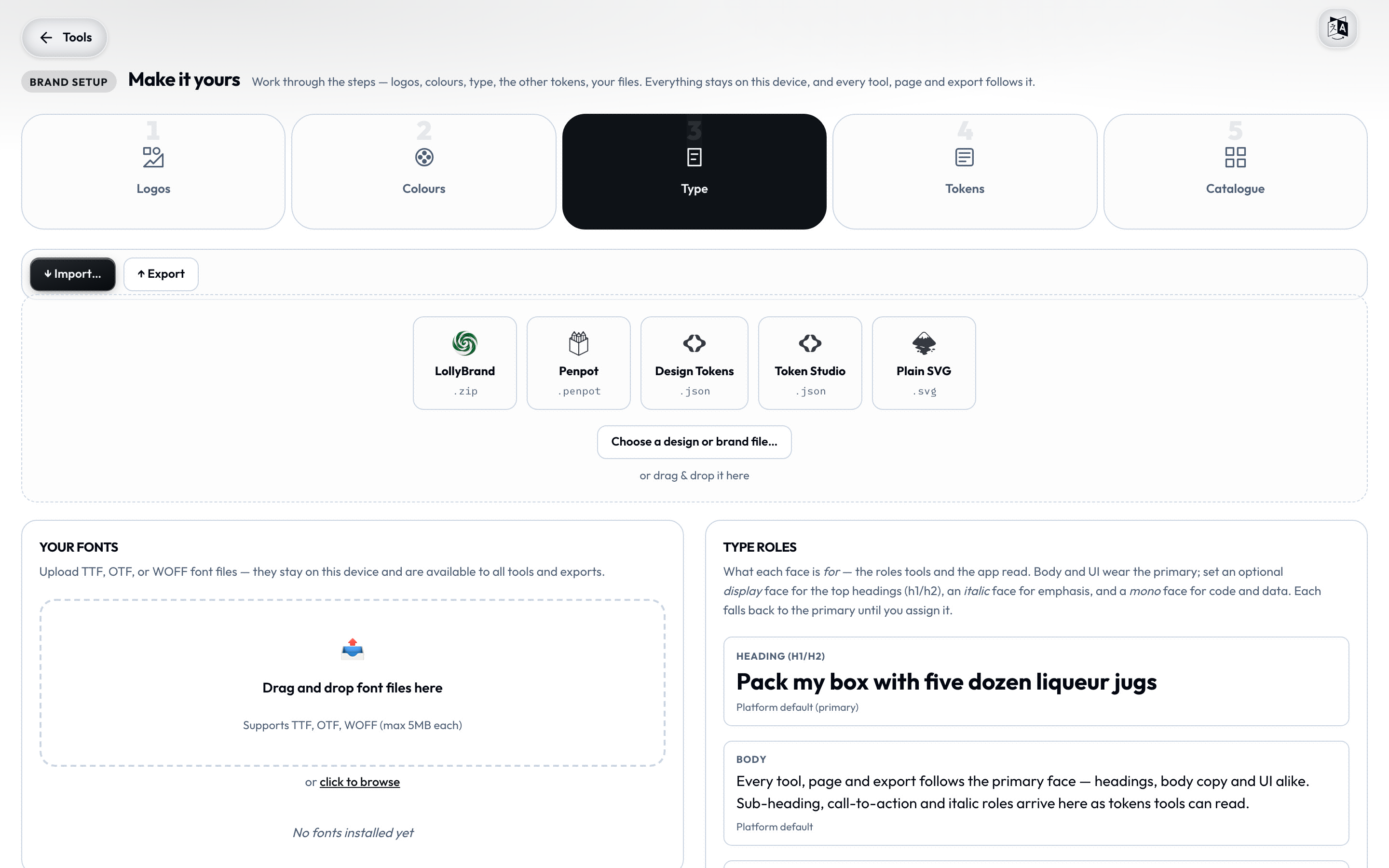 The Type tab - add a Google Font and a live Heading / Body / Code specimen shows each face
