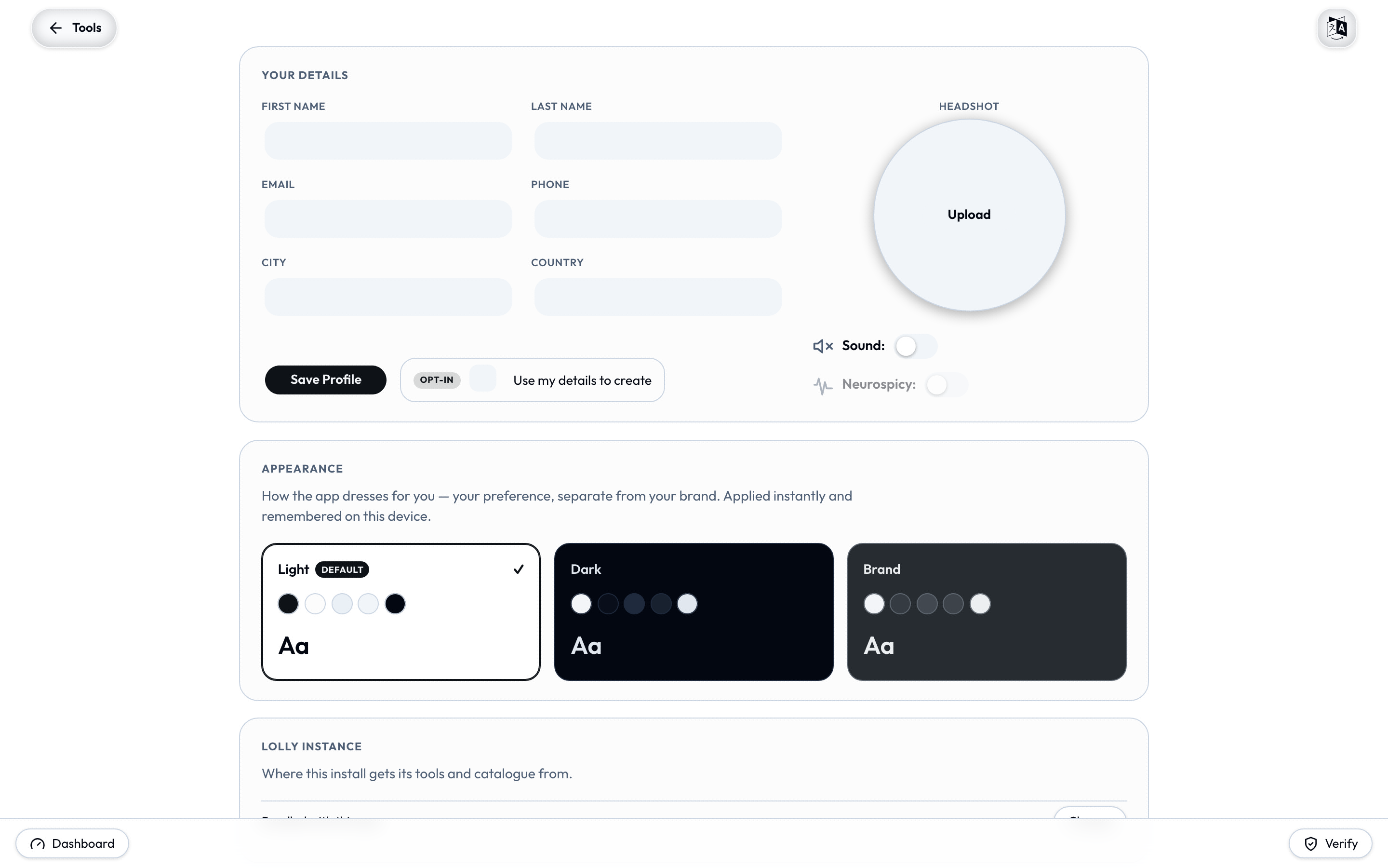 The Profile screen - name, contact, an optional headshot, and your preferences